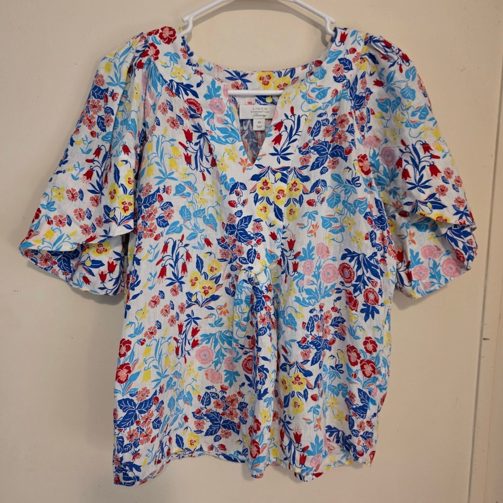 Charter Club Womens Floral Linen Top Size XS Flutter Sleeve Beach Coastal